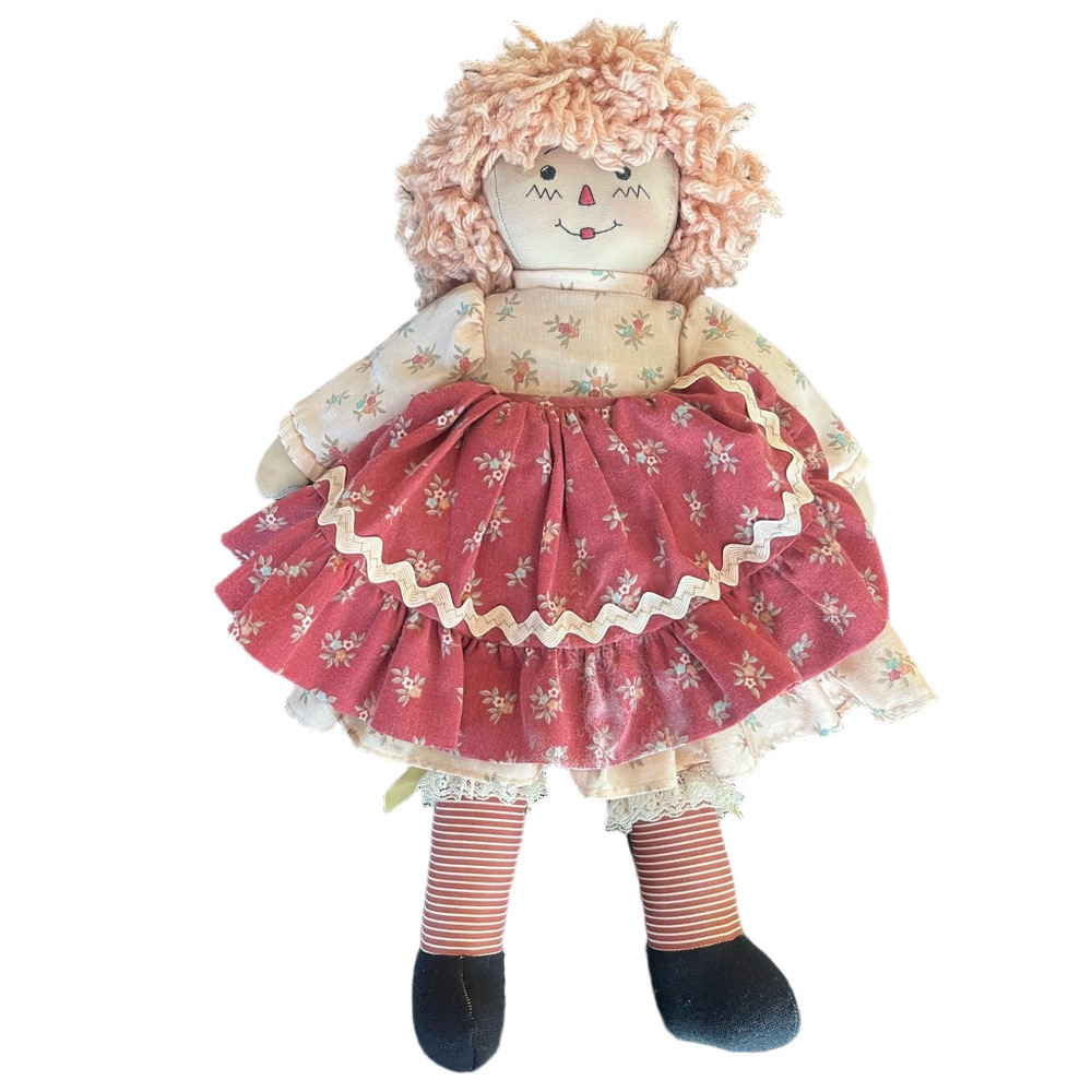 Vintage Handmade Rag Doll with Red Floral Dress